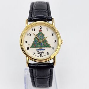 Women's Christmas‎ Watch 31MM White Dial New Black Leather Bands New Battery